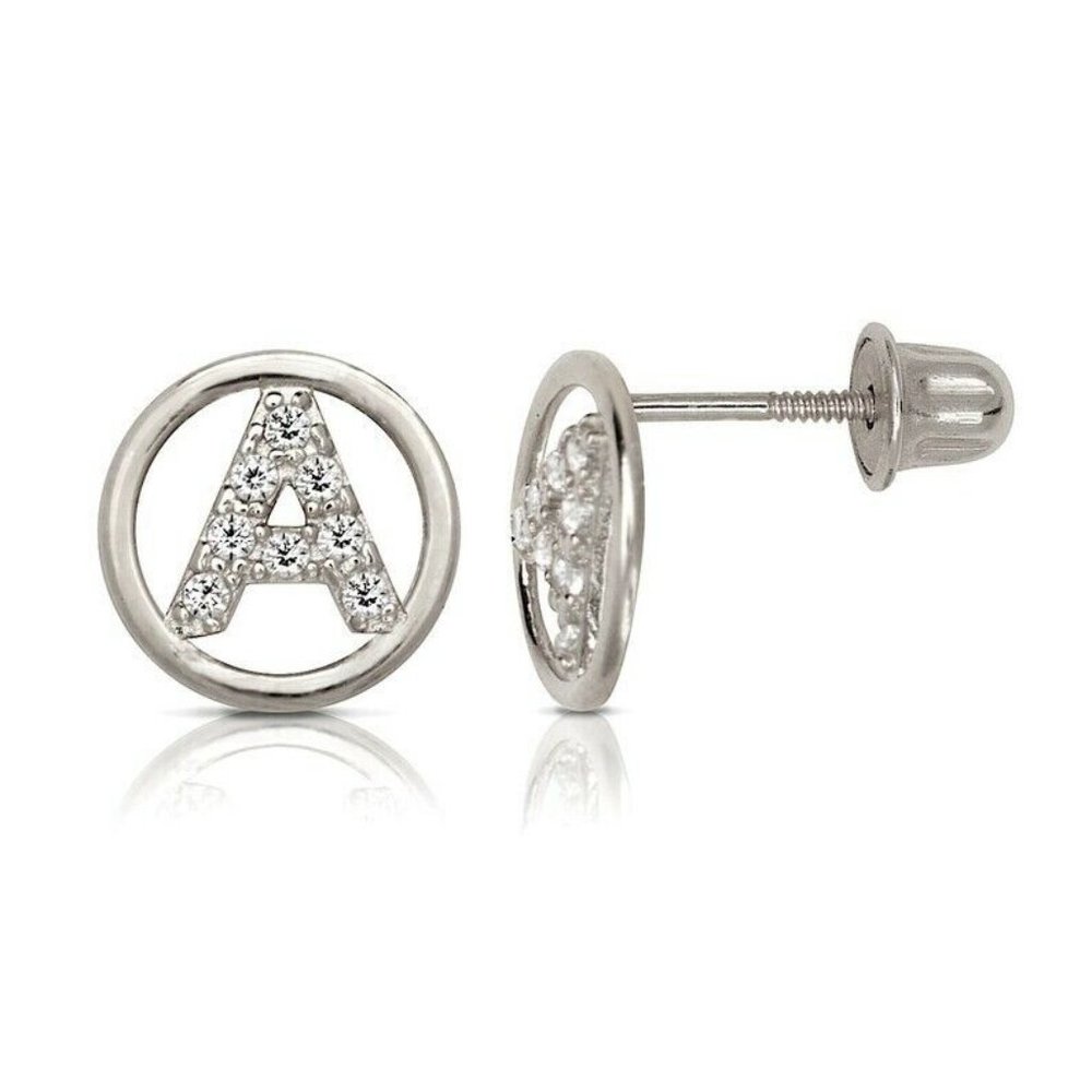 14K Solid White Gold 8mm Letter Initial Halo CZ Stud Alphabet Earrings